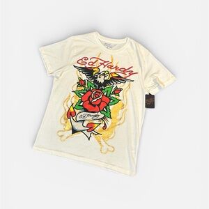 Ed Hardy Cream Tee with Eagle and Rose Design